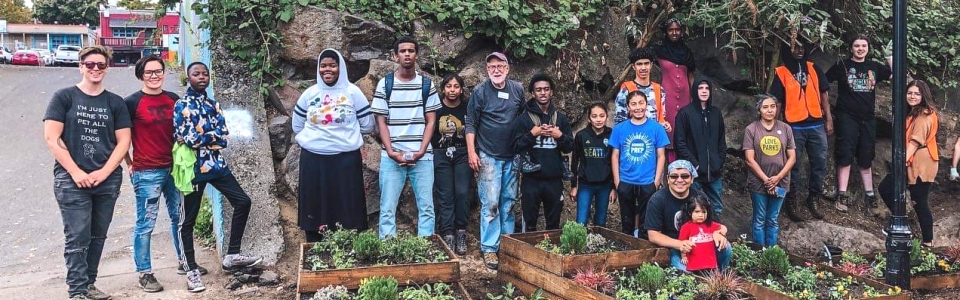 group in fornt of garden